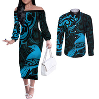 New Zealand Tui Bird Couples Matching Off The Shoulder Long Sleeve Dress and Long Sleeve Button Shirt Aotearoa Maori Pattern - Blue