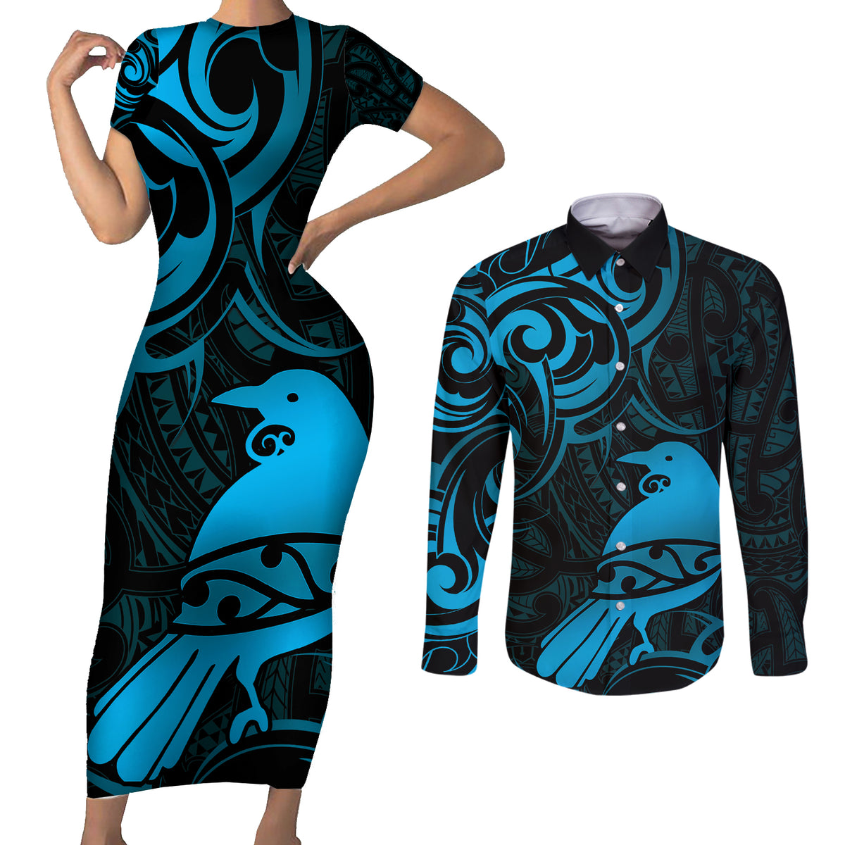 New Zealand Tui Bird Couples Matching Short Sleeve Bodycon Dress and Long Sleeve Button Shirt Aotearoa Maori Pattern - Blue