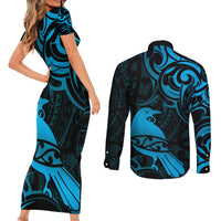 New Zealand Tui Bird Couples Matching Short Sleeve Bodycon Dress and Long Sleeve Button Shirt Aotearoa Maori Pattern - Blue