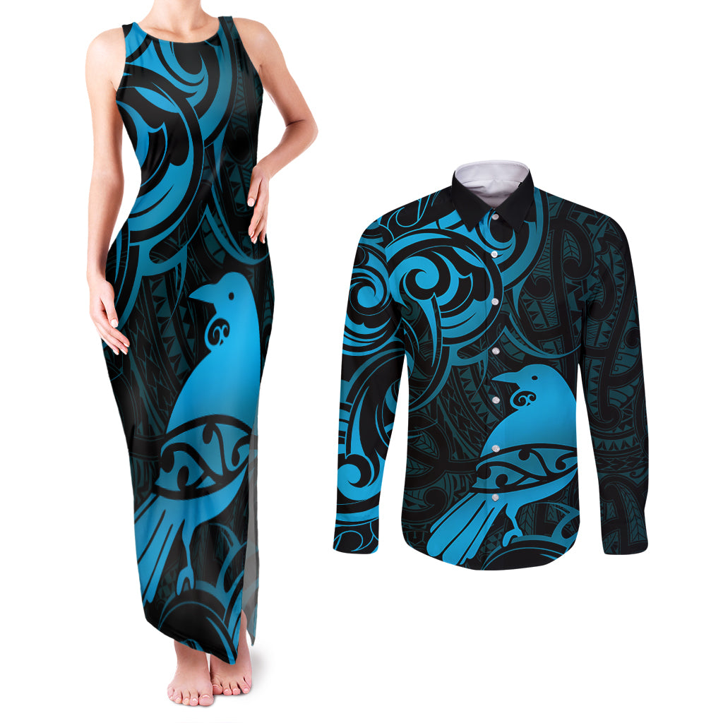 New Zealand Tui Bird Couples Matching Tank Maxi Dress and Long Sleeve Button Shirt Aotearoa Maori Pattern - Blue