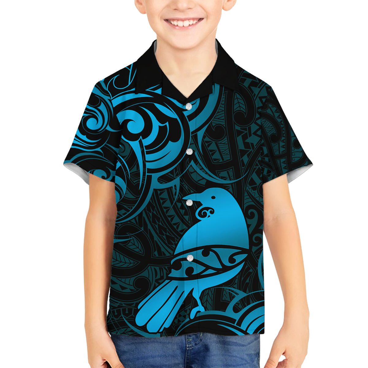 New Zealand Tui Bird Family Matching Long Sleeve Bodycon Dress and Hawaiian Shirt Aotearoa Maori Pattern - Blue