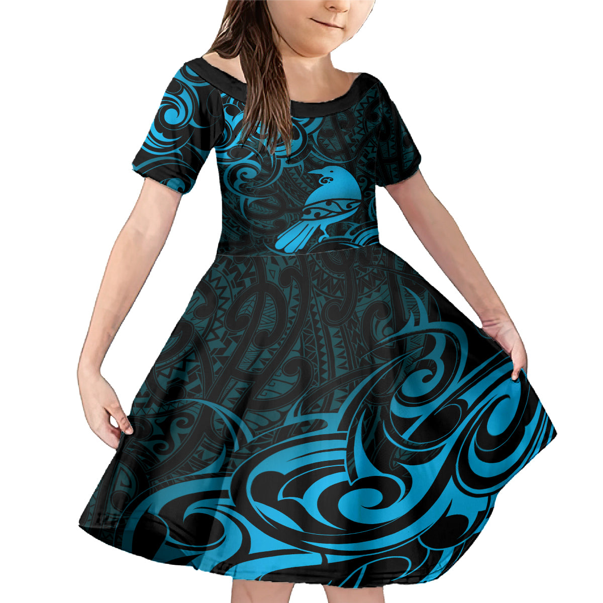 New Zealand Tui Bird Family Matching Mermaid Dress and Hawaiian Shirt Aotearoa Maori Pattern - Blue
