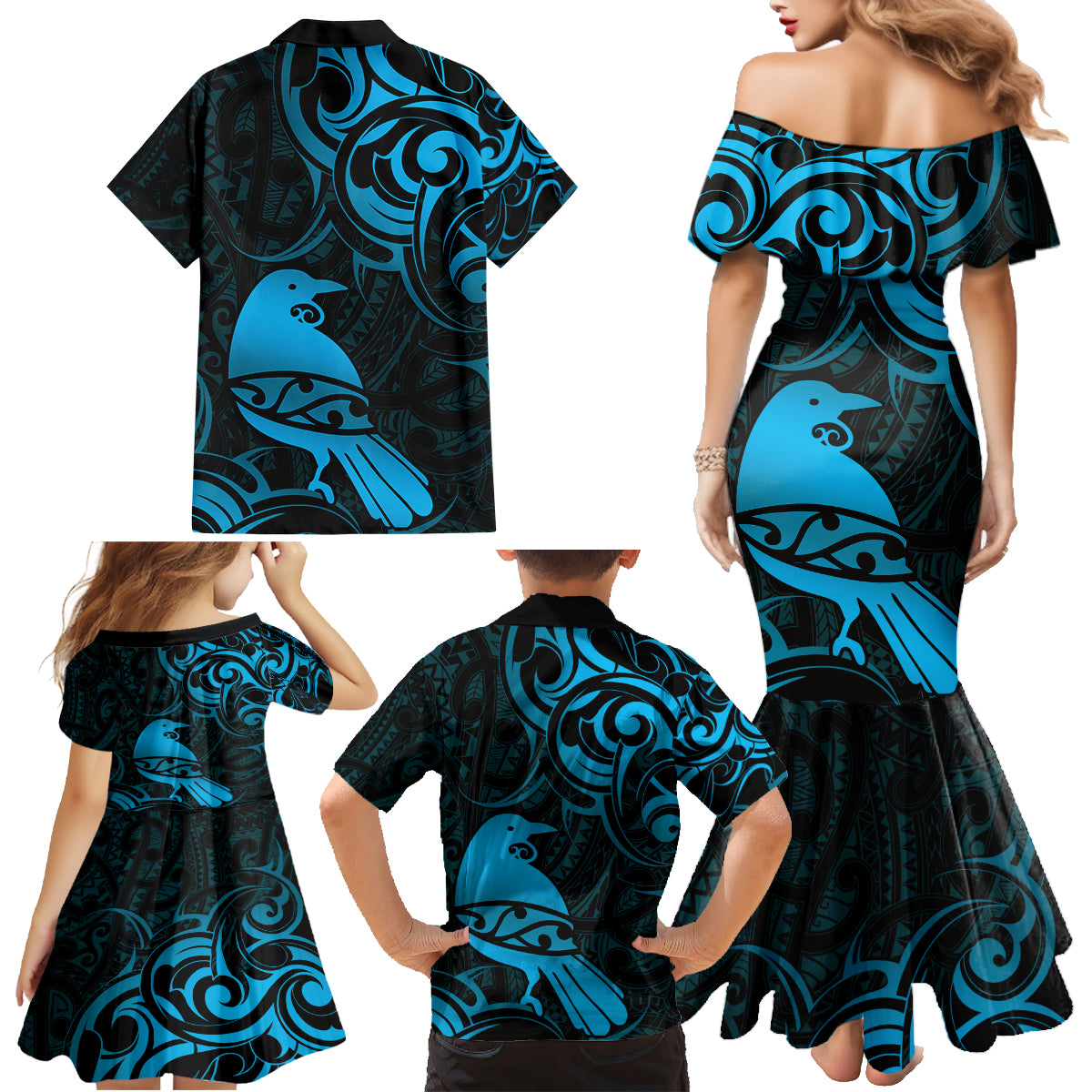 New Zealand Tui Bird Family Matching Mermaid Dress and Hawaiian Shirt Aotearoa Maori Pattern - Blue