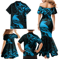 New Zealand Tui Bird Family Matching Mermaid Dress and Hawaiian Shirt Aotearoa Maori Pattern - Blue