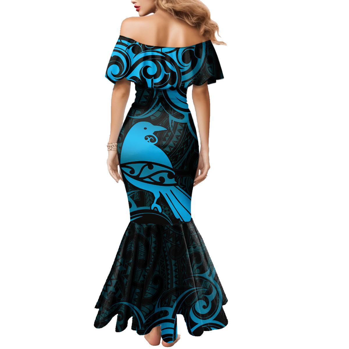 New Zealand Tui Bird Family Matching Mermaid Dress and Hawaiian Shirt Aotearoa Maori Pattern - Blue