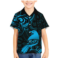 New Zealand Tui Bird Family Matching Mermaid Dress and Hawaiian Shirt Aotearoa Maori Pattern - Blue