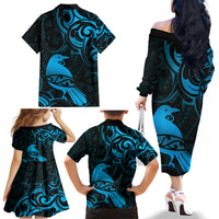 New Zealand Tui Bird Family Matching Off The Shoulder Long Sleeve Dress and Hawaiian Shirt Aotearoa Maori Pattern - Blue
