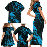 New Zealand Tui Bird Family Matching Short Sleeve Bodycon Dress and Hawaiian Shirt Aotearoa Maori Pattern - Blue