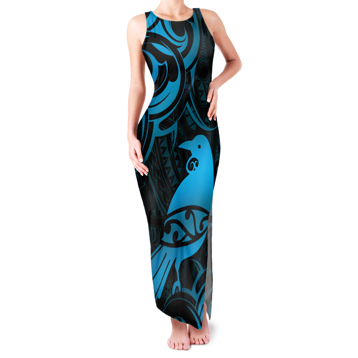 New Zealand Tui Bird Family Matching Tank Maxi Dress and Hawaiian Shirt Aotearoa Maori Pattern - Blue