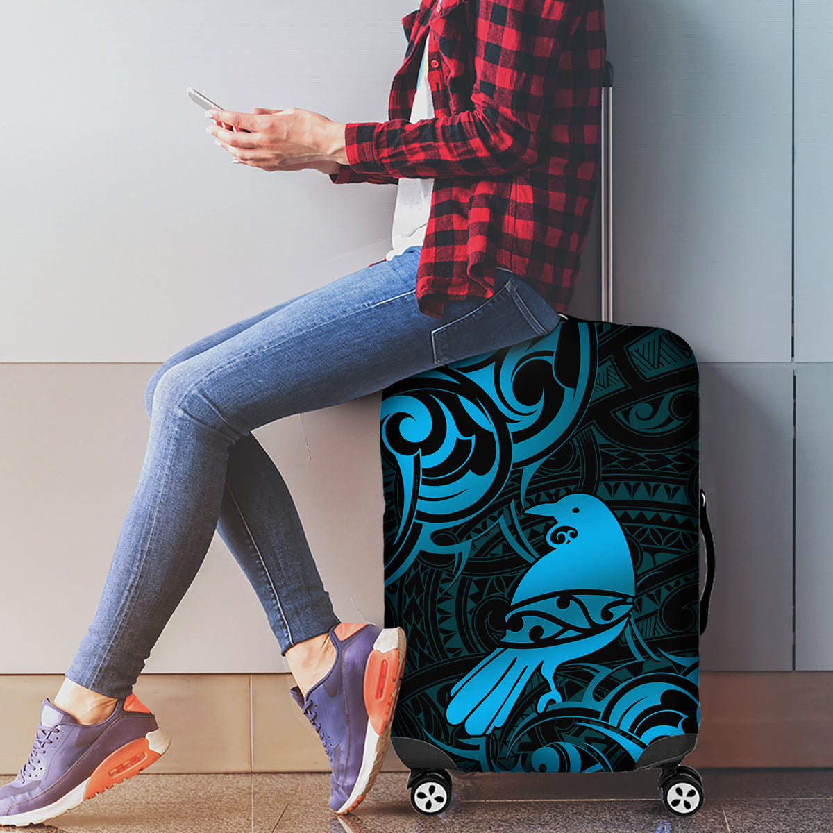 New Zealand Tui Bird Luggage Cover Aotearoa Maori Pattern - Blue