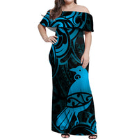 New Zealand Tui Bird Off Shoulder Maxi Dress Aotearoa Maori Pattern - Blue LT14 Women Blue - Polynesian Pride