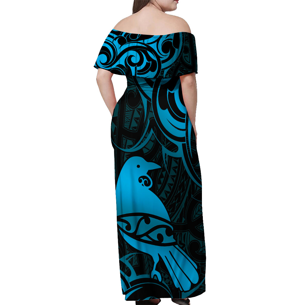 New Zealand Tui Bird Off Shoulder Maxi Dress Aotearoa Maori Pattern - Blue LT14 - Polynesian Pride
