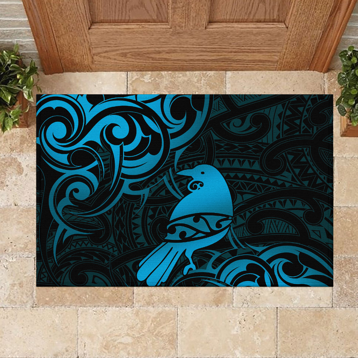 New Zealand Tui Bird Rubber Doormat Aotearoa Maori Pattern - Blue