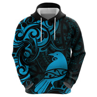 New Zealand Tui Bird Zip Hoodie Aotearoa Maori Pattern - Blue