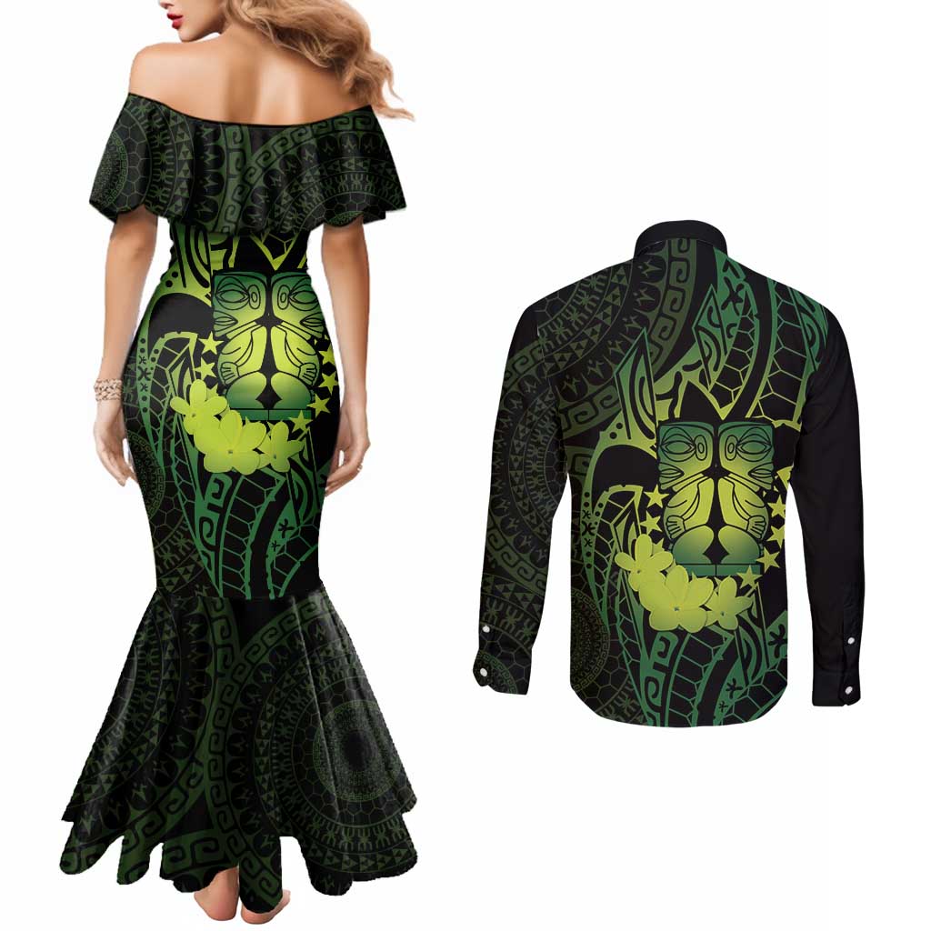 Kia Orana Kuki Airani Couples Matching Mermaid Dress and Long Sleeve Button Shirt Cook Islands Tangaroa God Tatau Green