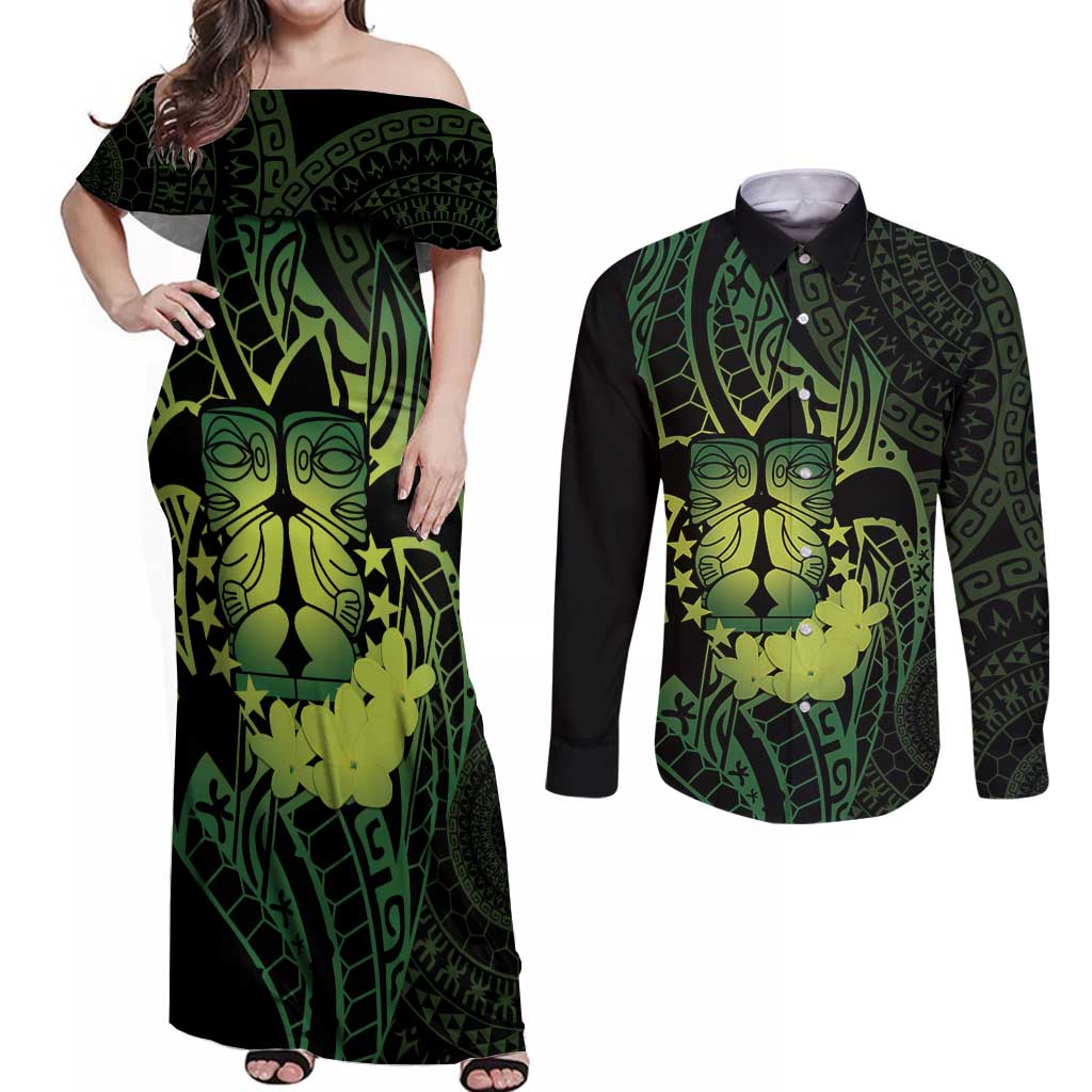 Kia Orana Kuki Airani Couples Matching Off Shoulder Maxi Dress and Long Sleeve Button Shirt Cook Islands Tangaroa God Tatau Green LT14 Green - Polynesian Pride