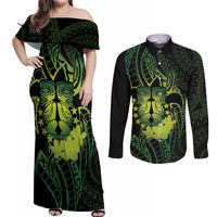 Kia Orana Kuki Airani Couples Matching Off Shoulder Maxi Dress and Long Sleeve Button Shirt Cook Islands Tangaroa God Tatau Green LT14 Green - Polynesian Pride