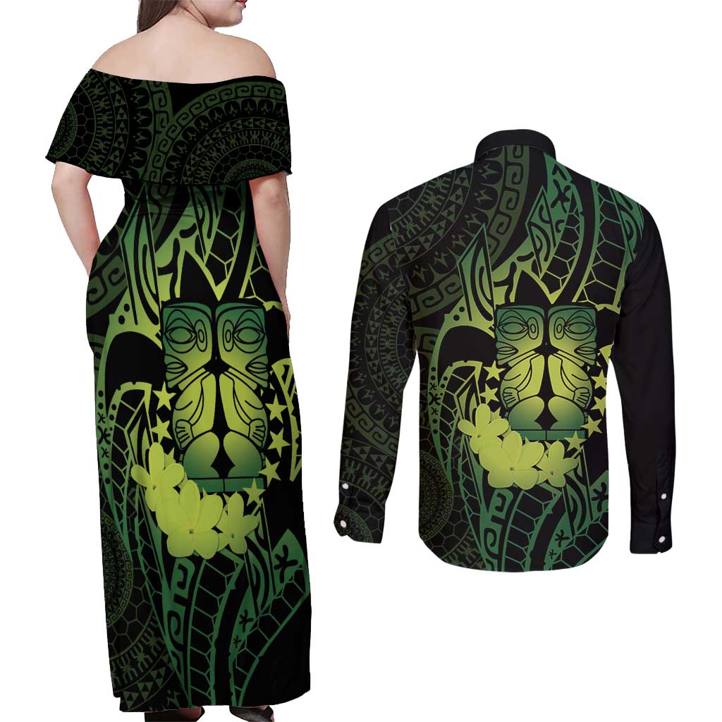 Kia Orana Kuki Airani Couples Matching Off Shoulder Maxi Dress and Long Sleeve Button Shirt Cook Islands Tangaroa God Tatau Green LT14 - Polynesian Pride