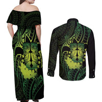 Kia Orana Kuki Airani Couples Matching Off Shoulder Maxi Dress and Long Sleeve Button Shirt Cook Islands Tangaroa God Tatau Green LT14 - Polynesian Pride