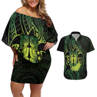 Kia Orana Kuki Airani Couples Matching Off Shoulder Short Dress and Hawaiian Shirt Cook Islands Tangaroa God Tatau Green