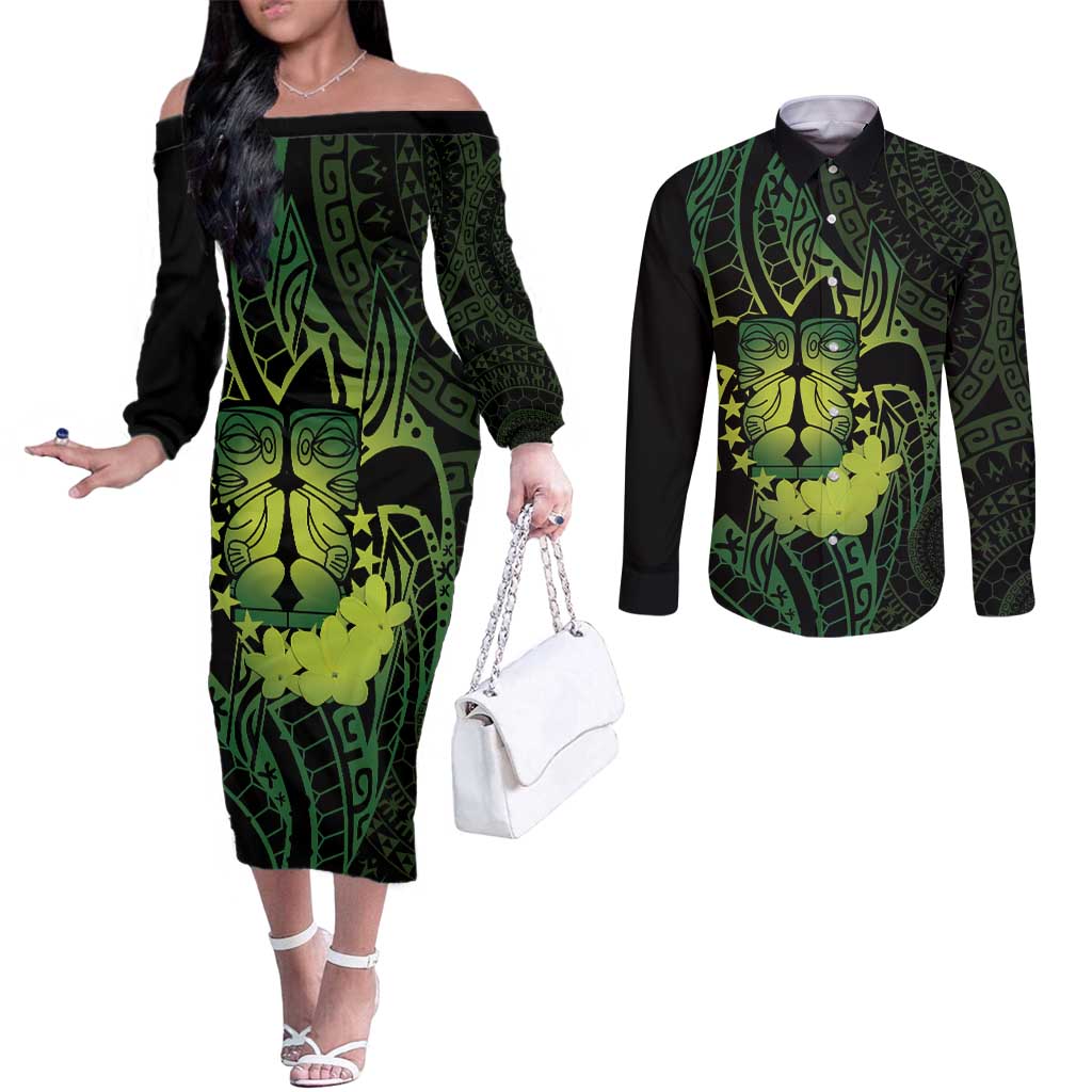 Kia Orana Kuki Airani Couples Matching Off The Shoulder Long Sleeve Dress and Long Sleeve Button Shirt Cook Islands Tangaroa God Tatau Green