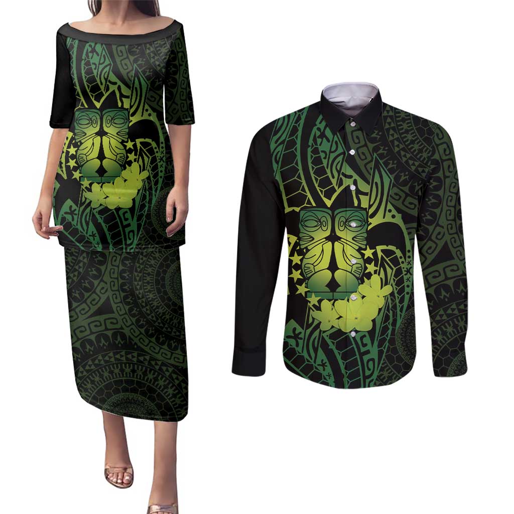 Kia Orana Kuki Airani Couples Matching Puletasi and Long Sleeve Button Shirt Cook Islands Tangaroa God Tatau Green