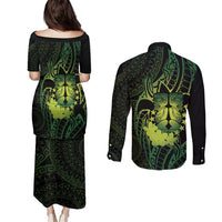 Kia Orana Kuki Airani Couples Matching Puletasi and Long Sleeve Button Shirt Cook Islands Tangaroa God Tatau Green