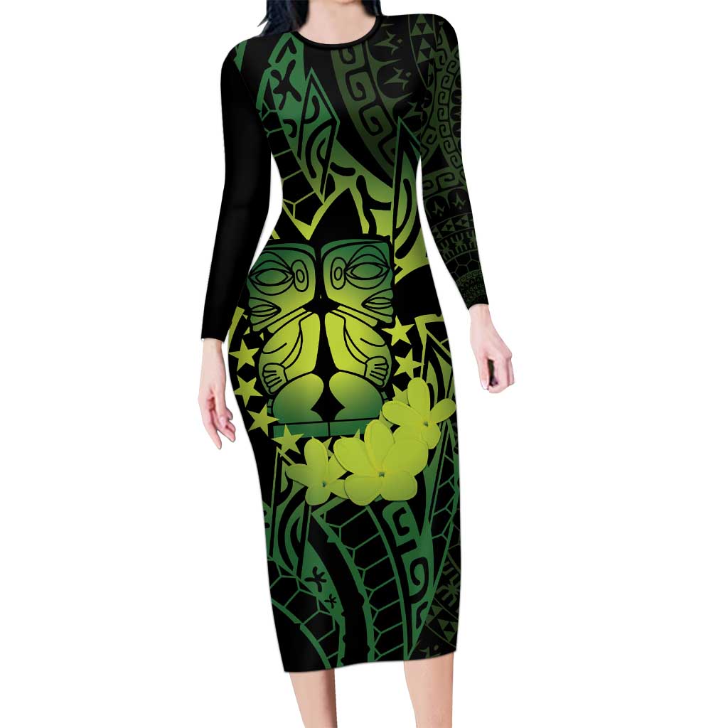 Kia Orana Kuki Airani Family Matching Long Sleeve Bodycon Dress and Hawaiian Shirt Cook Islands Tangaroa God Tatau Green