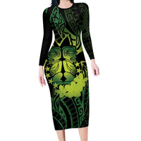 Kia Orana Kuki Airani Family Matching Long Sleeve Bodycon Dress and Hawaiian Shirt Cook Islands Tangaroa God Tatau Green