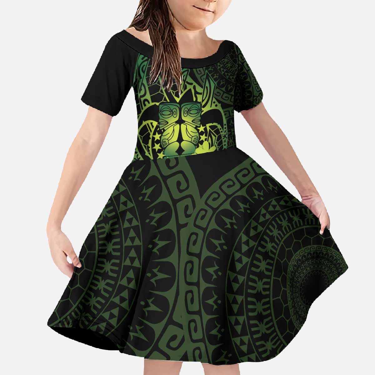 Kia Orana Kuki Airani Family Matching Off The Shoulder Long Sleeve Dress and Hawaiian Shirt Cook Islands Tangaroa God Tatau Green