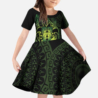 Kia Orana Kuki Airani Family Matching Off The Shoulder Long Sleeve Dress and Hawaiian Shirt Cook Islands Tangaroa God Tatau Green