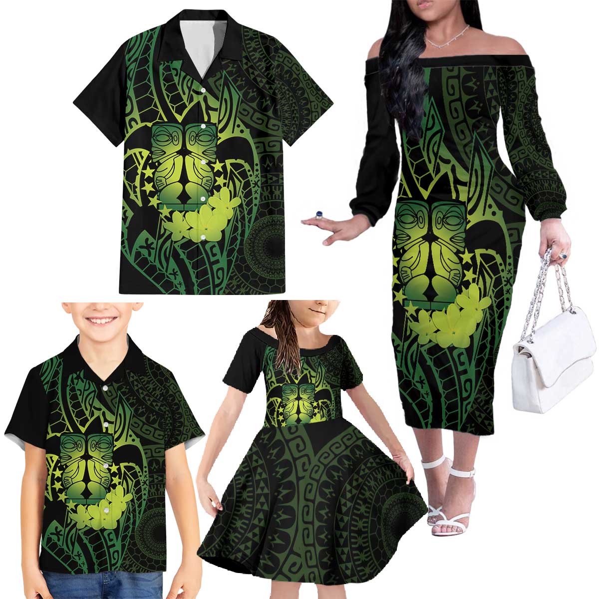 Kia Orana Kuki Airani Family Matching Off The Shoulder Long Sleeve Dress and Hawaiian Shirt Cook Islands Tangaroa God Tatau Green