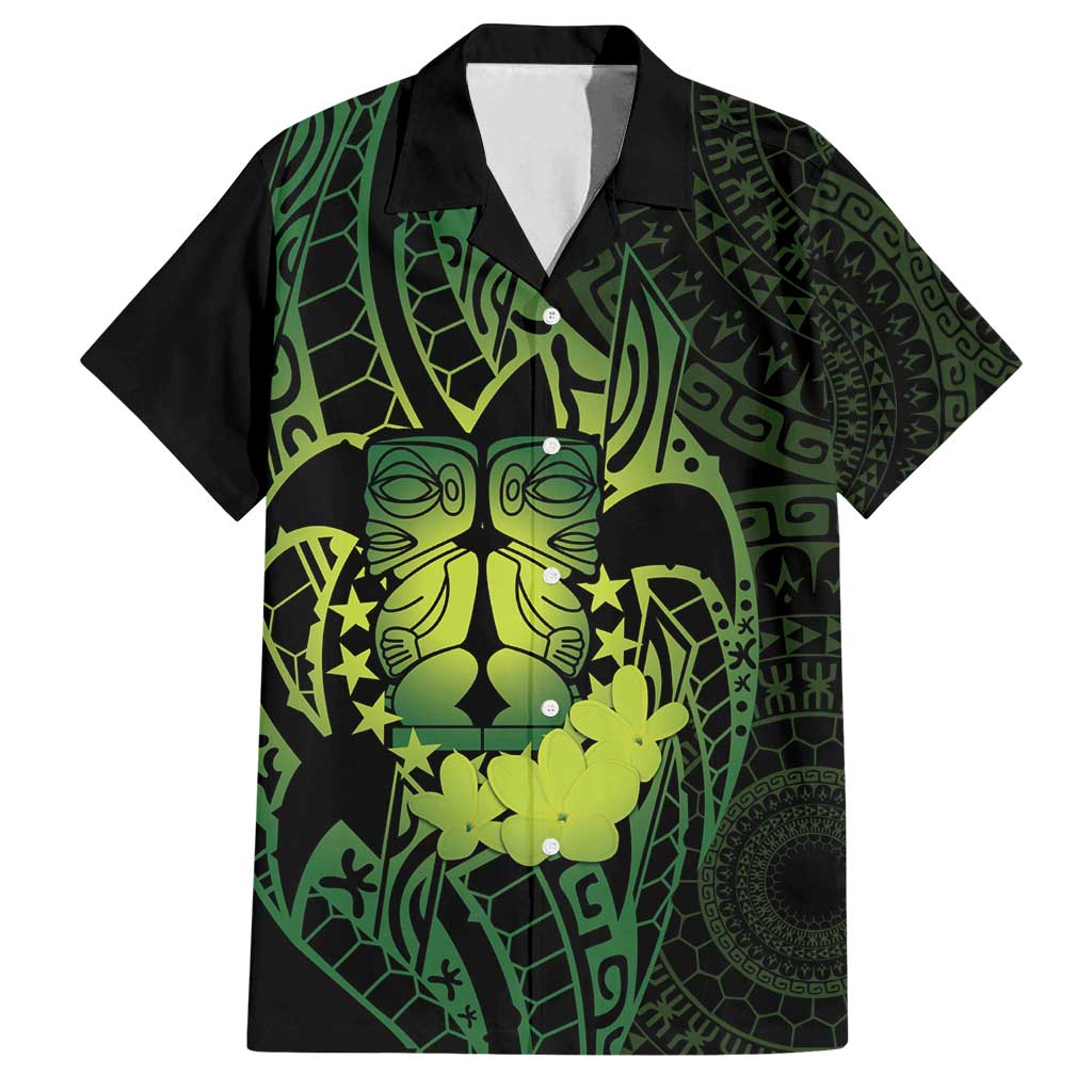 Kia Orana Kuki Airani Family Matching Off Shoulder Short Dress and Hawaiian Shirt Cook Islands Tangaroa God Tatau Green