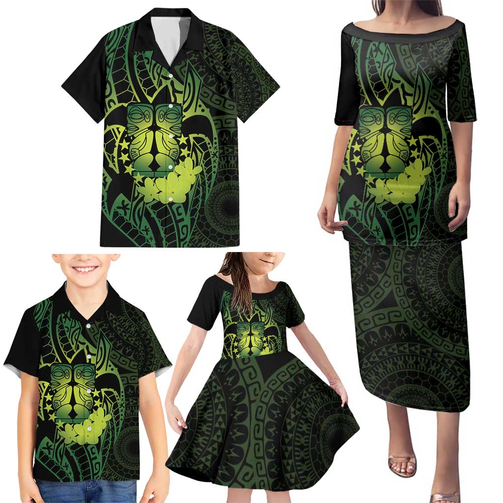 Kia Orana Kuki Airani Family Matching Puletasi and Hawaiian Shirt Cook Islands Tangaroa God Tatau Green