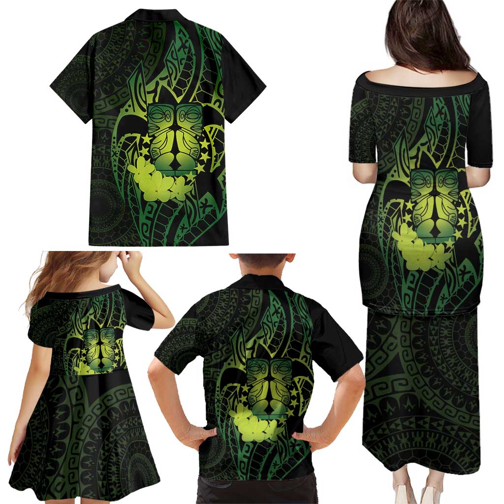 Kia Orana Kuki Airani Family Matching Puletasi and Hawaiian Shirt Cook Islands Tangaroa God Tatau Green