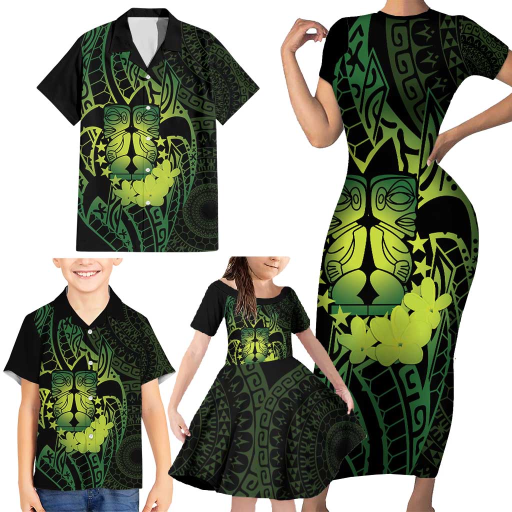 Kia Orana Kuki Airani Family Matching Short Sleeve Bodycon Dress and Hawaiian Shirt Cook Islands Tangaroa God Tatau Green