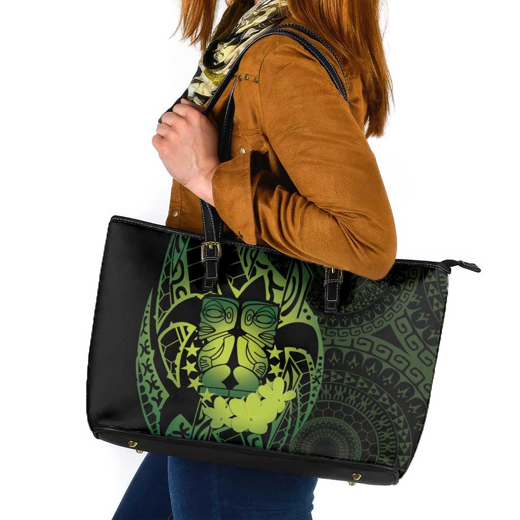 Kia Orana Kuki Airani Leather Tote Bag Cook Islands Tangaroa God Tatau Green