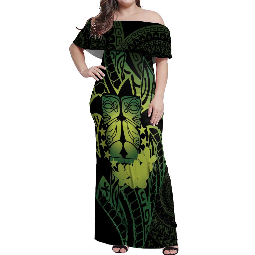 Kia Orana Kuki Airani Off Shoulder Maxi Dress Cook Islands Tangaroa God Tatau Green
