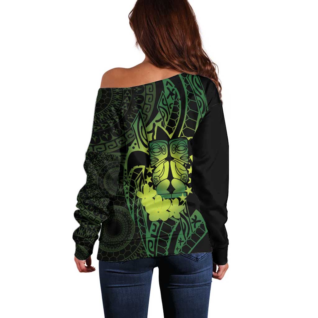 Kia Orana Kuki Airani Off Shoulder Sweater Cook Islands Tangaroa God Tatau Green