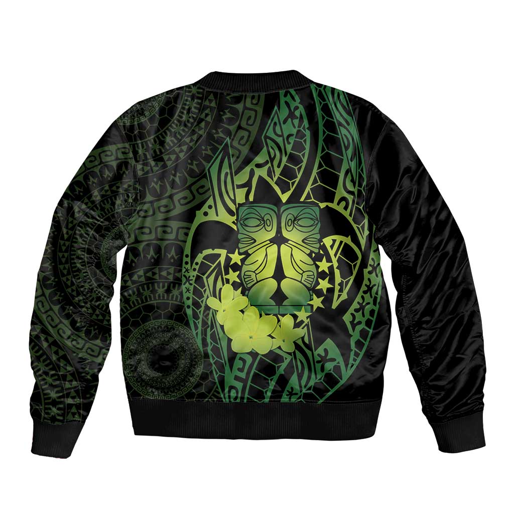 Kia Orana Kuki Airani Sleeve Zip Bomber Jacket Cook Islands Tangaroa God Tatau Green