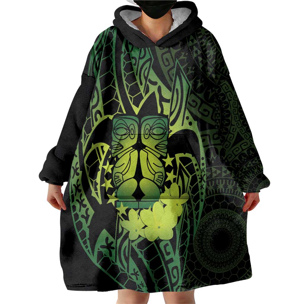 Kia Orana Kuki Airani Wearable Blanket Hoodie Cook Islands Tangaroa God Tatau Green