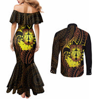 Kia Orana Kuki Airani Couples Matching Mermaid Dress and Long Sleeve Button Shirt Cook Islands Tangaroa God Tatau Gold