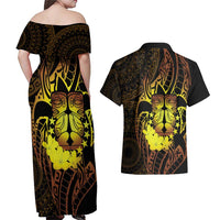 Kia Orana Kuki Airani Couples Matching Off Shoulder Maxi Dress and Hawaiian Shirt Cook Islands Tangaroa God Tatau Gold