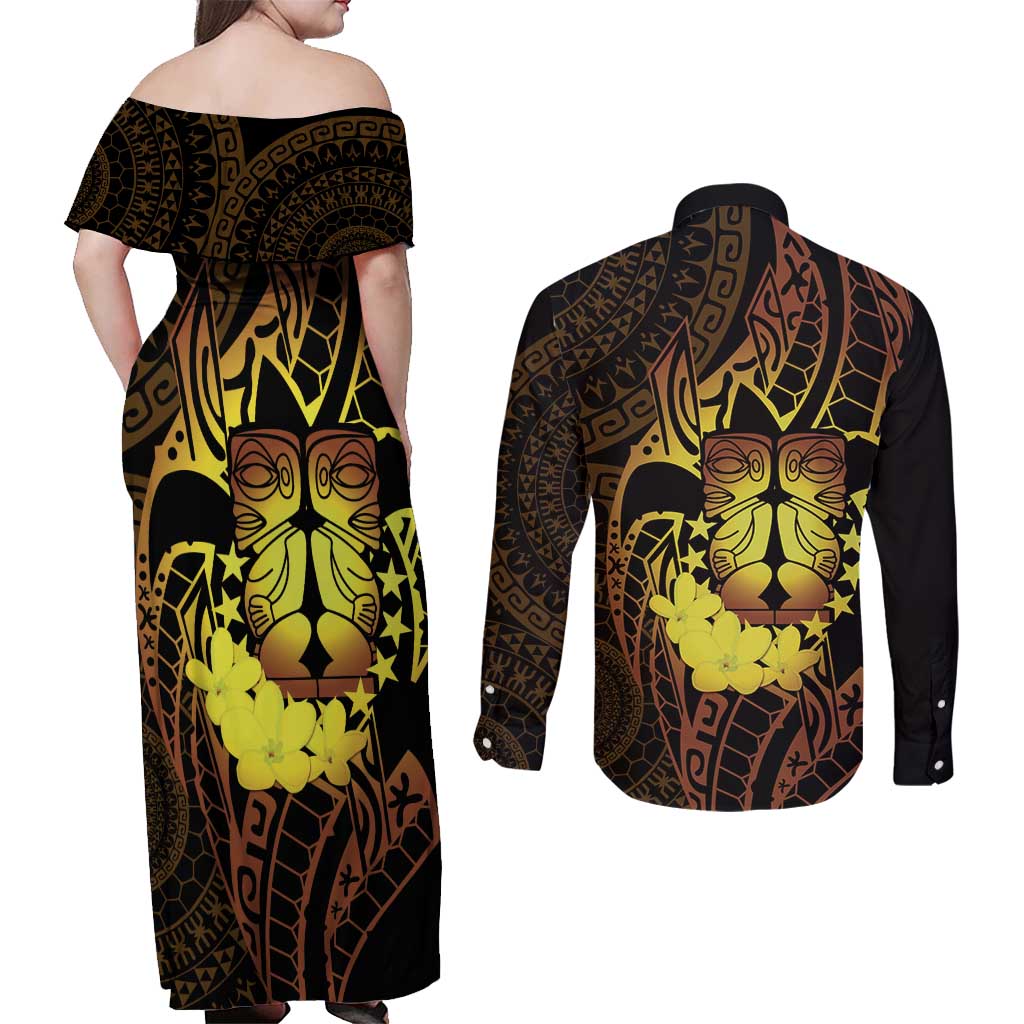 Kia Orana Kuki Airani Couples Matching Off Shoulder Maxi Dress and Long Sleeve Button Shirt Cook Islands Tangaroa God Tatau Gold