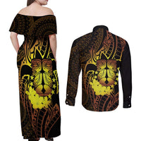 Kia Orana Kuki Airani Couples Matching Off Shoulder Maxi Dress and Long Sleeve Button Shirt Cook Islands Tangaroa God Tatau Gold