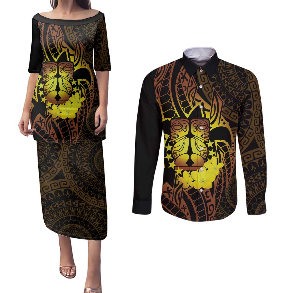 Kia Orana Kuki Airani Couples Matching Puletasi and Long Sleeve Button Shirt Cook Islands Tangaroa God Tatau Gold LT14 Gold - Polynesian Pride