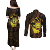 Kia Orana Kuki Airani Couples Matching Puletasi and Long Sleeve Button Shirt Cook Islands Tangaroa God Tatau Gold LT14 - Polynesian Pride