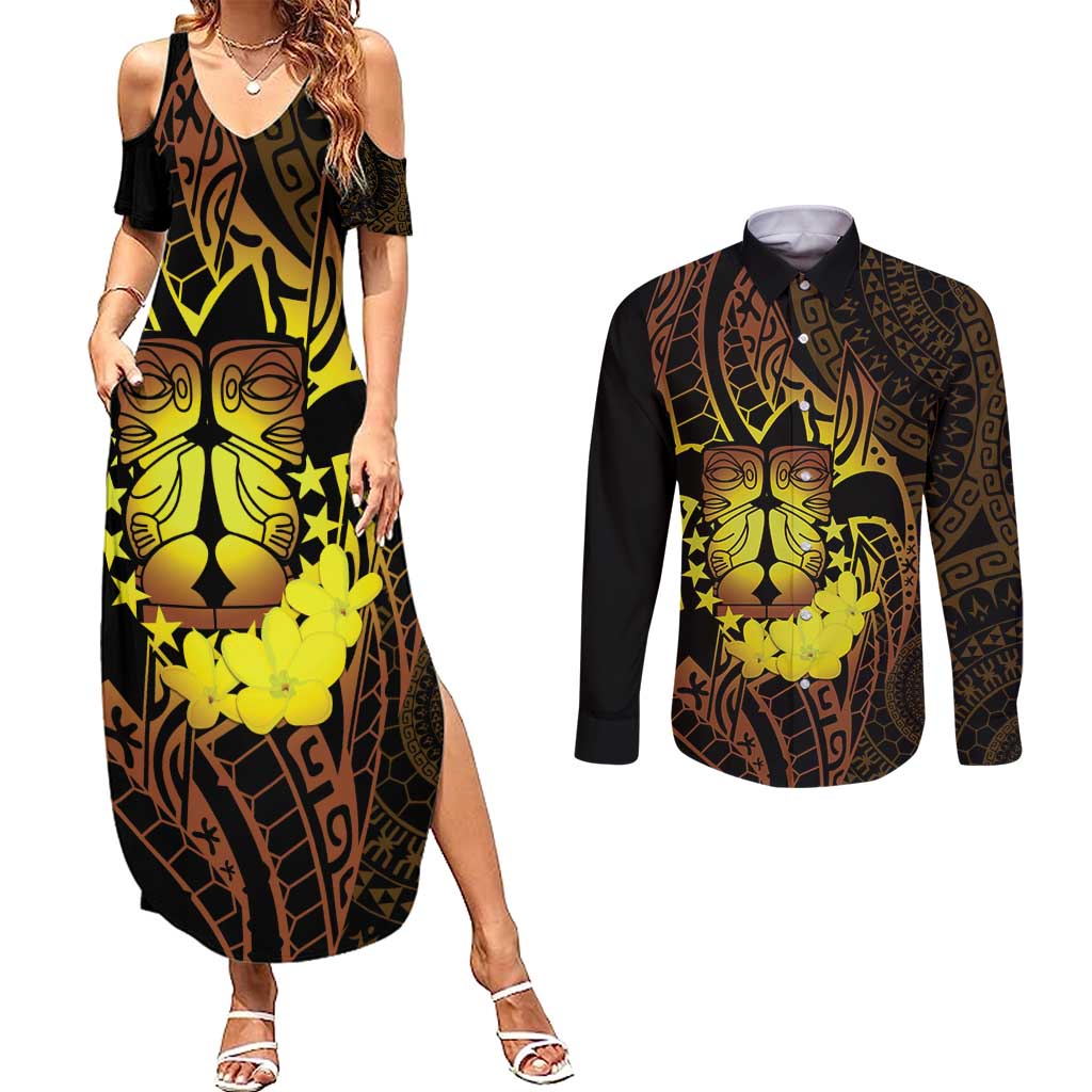 Kia Orana Kuki Airani Couples Matching Summer Maxi Dress and Long Sleeve Button Shirt Cook Islands Tangaroa God Tatau Gold