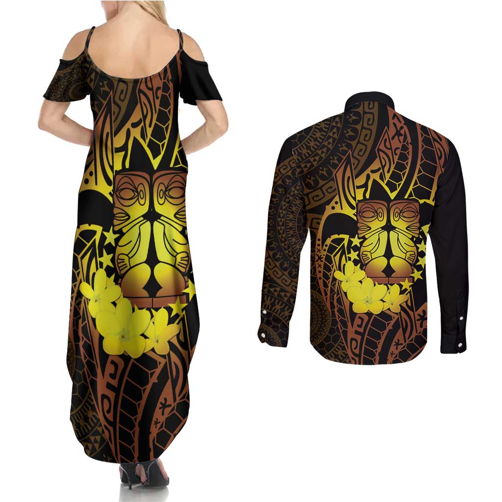 Kia Orana Kuki Airani Couples Matching Summer Maxi Dress and Long Sleeve Button Shirt Cook Islands Tangaroa God Tatau Gold