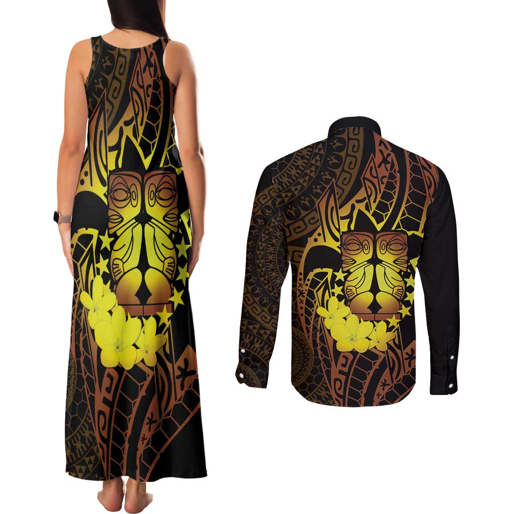 Kia Orana Kuki Airani Couples Matching Tank Maxi Dress and Long Sleeve Button Shirt Cook Islands Tangaroa God Tatau Gold